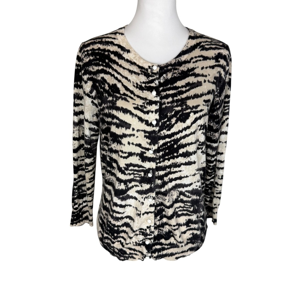 Talbots Womens Tiger Stripe‎ Animal Print Button Front Cardigan Black Cream L